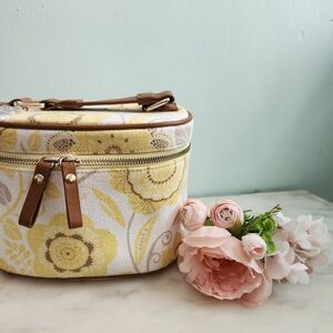 Spartina 449 Cosmetic Train Case Mirror Yellow Floral Linen Leather‎ Makeup NWOT